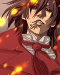  alucard_(hellsing) black_hair cross fang hellsing inverted_cross male_focus mouth_hold red solid&amp;etc solo vampire 