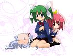  2girls arm_support black_legwear blazer blue_eyes blush blush_stickers bow bowtie cruz_schild disc_(needless) dress_shirt green_hair hair_ribbon head hiding jacket miniskirt mio_(needless) multiple_girls needless otoko_no_ko pink_hair plaid plaid_skirt pleated_skirt red_eyes ribbon shirt short_hair silver_hair sitting skirt socks suigintouin twintails yamada_(needless) 