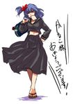  alternate_costume alternate_hairstyle bad_feet bag carrying contemporary delinquent food food_in_mouth hair_ornament hand_on_hip keychain leaf_hair_ornament midriff mouth_hold navel navy_blue_serafuku purple_hair red_eyes sabuko sandals school_bag school_uniform short_hair side_ponytail sketch skirt solo sukeban toast toast_in_mouth touhou translated wind yankee yasaka_kanako 