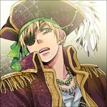  axis_powers_hetalia bandana blonde_hair eyepatch feathers green_eyes hat iwaki_soyogo jewelry male_focus necklace pirate pirate_hat solo tricorne united_kingdom_(hetalia) 