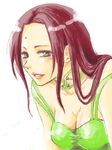  1girl arc_the_lad arc_the_lad_ii blush breasts brown_hair choker cleavage female green_eyes long_hair sania simple_background smile solo white_background 