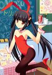  animal_ears black_hair brown_eyes bunny_ears bunnysuit can coca-cola flat_chest food gaou hair_bobbles hair_ornament highres long_hair original pantyhose pocky product_placement shoe_dangle soda_can solo tray twintails 
