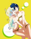  1girl animal_print antenna_hair bikini blue_hair blush cosplay couple crossdressing hetero horns lum lum_(cosplay) multicolored_hair nia_teppelin simon swimsuit tears tengen_toppa_gurren_lagann tiger_print urusei_yatsura yukimitsuki 