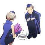  1girl blush bowl closed_eyes elizabeth_(persona) fork gloves hat necktie open_mouth pantyhose persona persona_3 persona_3_portable sakazakimay short_hair siblings silver_hair teodor translated 
