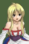  1girl arc_the_lad arc_the_lad_ii bare_shoulders blonde_hair breasts brown_eyes cleavage dress erugiza female lieza long_hair open_mouth simple_background solo 