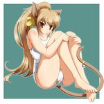  animal_ears ashita_yaru barefoot bell brown_hair cat_ears cat_tail feet jingle_bell long_hair one-piece_swimsuit original ponytail red_eyes school_swimsuit self-portrait solo swimsuit tail tail_bell white_school_swimsuit white_swimsuit 