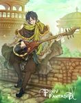  arch bad_id bad_pixiv_id black_hair boots brown_pants building cobblestone coin day demich dome fantasy fringe_trim full_body fur green_scarf highres instrument long_sleeves looking_away looking_to_the_side lute_(instrument) male_focus music on_wall outdoors pants parted_lips pixiv_fantasia pixiv_fantasia_4 playing_instrument poncho scarf sitting smile solo stone_wall wall 