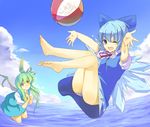  ;d ass ball barefoot beachball blue_eyes blue_hair bow cirno cloud daiyousei day feet green_hair hair_bow hakurei_reimu happy hasebe_yuusaku multiple_girls one_eye_closed open_mouth panties pantyshot round_teeth short_hair side_ponytail sky smile striped striped_panties teeth touhou translated underwear wings yellow_eyes 