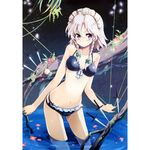  bikini braid branch chiba_sadoru flower frills izayoi_sakuya knife leaf maid moss navel pocket_watch ribbon short_hair solo star swimsuit touhou twin_braids watch water white_hair 