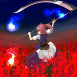  flower ghost hair_bobbles hair_ornament m134 onozuka_komachi pink_hair red_eyes scythe short_hair solo spider_lily touhou two_side_up 
