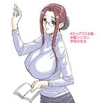  breasts fictional_persona glasses green_eyes huge_breasts impossible_clothes impossible_shirt long_hair magaki_ryouta mature original red_hair shirt simple_background solo sweater teacher translated 
