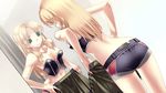  agarest_senki agarest_senki_(series) blonde_hair bustier clothes_in_front green_eyes hirano_katsuyuki holding_skirt lingerie long_hair luana_(agarest_senki) mirror official_art reflection short_shorts shorts skirt skirt_removed solo underwear underwear_only wavy_mouth 