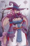  anthro balloon belt breasts chameleos cleavage clothed clothing dead_tree dragon dress eyewear female gauntlet glasses hair hat hi_res horn looking_at_viewer magic_user monster_hunter red_eyes skykain solo swamp tree video_games violet wings witch witch_hat wood 