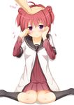  :&lt; akaza_akari bad_id bad_pixiv_id blush double_bun dress long_sleeves nanamori_school_uniform out_of_frame petting purple_eyes red_hair sailor_dress school_uniform serafuku short_hair short_over_long_sleeves short_sleeves sitting solo_focus tears yuru_yuri yuuri_nayuta 