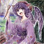  alternate_costume animal_ears fan fangs floral_print head_scarf japanese_clothes kimono looking_up mystia_lorelei nanashii_(soregasisan) obi open_mouth paper_fan purple_hair sash short_hair sitting smile solo touhou uchiwa wings yukata 