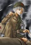  adapted_costume air_(artist) bag belt blood braid cross helmet highres long_hair medic military military_uniform multicolored multicolored_clothes pouch red_cross silver_hair soldier solo touhou uniform war world_war_ii yagokoro_eirin 