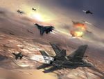  ace_combat ace_combat_6 aerial_battle aircraft airplane bad_id bad_pixiv_id battle dogfight ef_typhoon explosion f-15_eagle f-16_fighting_falcon fighter_jet flying garuda_1 jet landscape military military_vehicle missile no_humans ragi_(00203) su-33 sun war weapon 