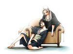  2girls barefoot black_hair breasts chair cleavage facial_mark forehead_mark japanese_clothes jewelry kichijitsu long_hair multiple_girls naruto necklace shizune_(naruto) sitting tsunade white_hair 