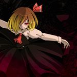  ascot bad_id bad_pixiv_id blonde_hair dress grin hair_over_one_eye hair_ribbon outstretched_arms red_eyes ribbon rumia short_hair smile solo touhou yuha_(yh-krm) 