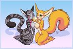  anthro bell breasts canine collar eltonpot feline female fennec food fox fries green_eyes lesbian li_tchin looking_at_viewer lucier mammal natural_censoring naturally_censored nipples nude red_eyes scar sitting tail wide_hips 