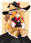  blonde_hair braid capelet harukatron hat kirisame_marisa orange_eyes side_braid solo star touhou undefined_fantastic_object wand witch_hat yellow_eyes 