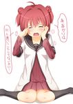  akaza_akari bad_id bad_pixiv_id blush check_translation closed_eyes double_bun dress long_sleeves nanamori_school_uniform red_hair sailor_dress school_uniform serafuku short_hair short_over_long_sleeves short_sleeves sitting solo tears translation_request yuru_yuri yuuri_nayuta 