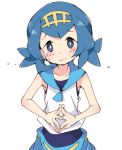  1girl blue_eyes blue_hair blue_pants blue_sailor_collar blush collarbone creatures_(company) flustered game_freak hairband hands_together head_tilt ixy jpeg_artifacts looking_at_viewer nintendo pants pokemon pokemon_(game) pokemon_sm sailor_collar shirt simple_background sleeveless sleeveless_shirt solo suiren_(pokemon) upper_body white_background white_shirt yellow_hairband 