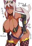  animal_ears bikini_top blue_eyes blush breasts cameltoe cat_ears cat_tail choker cleavage dark_skin elbow_gloves eyewear_on_head fishnets gloves grey_hair hand_on_hip hand_on_thigh huge_breasts kaiten_muten-maru leaning_forward licking_lips long_hair navel ponytail shamu_meruruusa short_shorts shorts solo sunglasses tail tamagoroo_(funifuni_labo) thighhighs tongue tongue_out translated white_hair yellow-framed_eyewear 