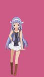  :d bangs blue_hair blunt_bangs boots cross-laced_footwear full_body hair_tubes hairband hand_on_hip highres kannagi knee_boots long_hair nagi open_mouth pleated_skirt purple_eyes shirabi simple_background skirt smile solo very_long_hair white_skirt 