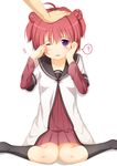  akaza_akari bad_id bad_pixiv_id blush double_bun dress long_sleeves nanamori_school_uniform one_eye_closed out_of_frame petting purple_eyes red_hair sailor_dress school_uniform serafuku short_hair short_over_long_sleeves short_sleeves sitting solo_focus tears yuru_yuri yuuri_nayuta 