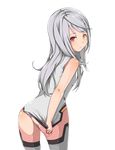  ass bad_id bad_pixiv_id bangs bare_shoulders breasts covering covering_ass cowboy_shot dress dress_tug from_side frown grey_legwear heterochromia infinite_stratos laura_bodewig leaning_forward leotard looking_at_viewer looking_back muttan_(ashiru-f) no_eyepatch pilot_suit red_eyes silver_hair small_breasts solo swept_bangs thighhighs thong_leotard transparent_background yellow_eyes 
