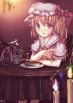  ascot blonde_hair blush cake candle cup dish eating fang flandre_scarlet food fork ha_ru hat highres open_mouth red_eyes short_hair side_ponytail sitting smile solo teacup teapot touhou twintails 