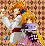  3gou argyle argyle_background blonde_hair bow brown_background brown_hair creature dress elize_lutus flower green_eyes hair_flower hair_ornament hairband heart highres hug leia_rolando multiple_girls ribbon short_hair shy smile tales_of_(series) tales_of_xillia teepo_(tales) yellow_eyes 