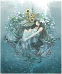  black_hair blue_eyes bubble dress flower hair_flower hair_ornament highres imoman long_hair mermaid monster_girl original plant sitting solo sundress sunflower sunlight underwater very_long_hair 