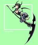  backless_dress backless_outfit black_hair black_rock_shooter bow breasts cleavage dead_master dress drill_hair gloves green_background green_eyes highres holding holding_scythe horns justminor leggings medium_breasts scythe solo twintails wings 