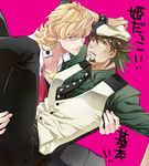  ashika_nozomu barnaby_brooks_jr blonde_hair brown_eyes brown_hair cabbie_hat carrying facial_hair glasses green_eyes hat jacket jewelry kaburagi_t_kotetsu male_focus multiple_boys necklace necktie princess_carry red_jacket stubble tiger_&amp;_bunny translated vest waistcoat 