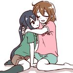  2girls black_eyes black_hair blush brown_hair eyes_closed female hirasawa_yui hug k-on! long_hair multiple_girls nakano_azusa pixiv_manga_sample ronti short_hair yuri 