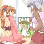  95-tan ahoge ass backless_outfit bare_back bare_shoulders blush bow braid brown_eyes brown_hair butt_crack commentary_request dark_skin dimples_of_venus finger_to_mouth food green_hair hair_bow hat long_hair looking_back me-tan multiple_girls no_panties obi open_mouth os-tan ponytail popsicle sash screw seiza short_shorts shorts silver_hair sitting smile strap_slip straw_hat sun_hat surprised tabi tan toushi_ryoku twin_braids urinal_bottle vista-tan vistake 
