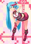  absurdres alternate_costume aqua_eyes aqua_hair bad_id bad_pixiv_id bent_over blush boots detached_collar gloves hatsune_miku highres long_hair midriff one_eye_closed onsen_nakaya skirt smile solo standing tank_top twintails very_long_hair vocaloid 