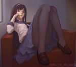  argyle argyle_legwear arm_rest arm_support black_hair blue_skirt brown_hair chair feet_on_chair full_body hairband highres knees_up legs lips loafers long_hair melty_blood nfb-zmc pantyhose reclining revision school_uniform serafuku shoes sitting skirt solo toono_akiha tsukihime white_hairband 