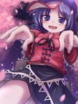 beret blue_eyes blue_hair blurry blush blush_stickers cherry_blossoms depth_of_field foreshortening hat highres lzh miyako_yoshika night ofuda open_mouth outstretched_arms petals purple_eyes purple_hair skirt smile solo star_(sky) tombstone touhou tree zombie_pose 