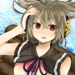  breasts brown_hair earmuffs hand_on_own_head log medium_breasts oh_juun open_mouth raft red_eyes sleeveless solo touhou toyosatomimi_no_miko upper_body water 
