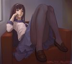  arm_support black_hair blue_skirt brown_hair chair full_body hairband highres knees_up legs lips long_hair md5_mismatch melty_blood nfb-zmc pantyhose reclining school_uniform serafuku sitting skirt solo toono_akiha tsukihime white_hairband 