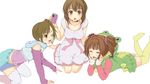  :d :o ;d ^_^ all_fours blush bow brown_eyes brown_hair closed_eyes collarbone dress drill_hair frog futami_mami hagiwara_yukiho hood hoodie idolmaster idolmaster_(classic) k.y_ko lying multiple_girls on_stomach one_eye_closed open_mouth shorts simple_background sitting smile takatsuki_yayoi thighhighs twin_drills twintails wariza white_legwear 