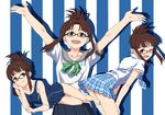  akizuki_ritsuko arms_up bent_over brown_eyes brown_hair folded_ponytail glasses highres idolmaster idolmaster_(classic) kaimuu_(fahrenheit724) lying on_side one-piece_swimsuit one_eye_closed plaid pleated_skirt red-framed_eyewear rough_time_school school_swimsuit school_uniform serafuku skirt swimsuit 