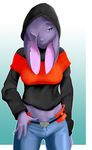 belt blue_eyes clothed clothing female gradient_background half-closed_eyes hoodie lagomorph looking_at_viewer pants purple rabbit solo tarlanur unknown_character 