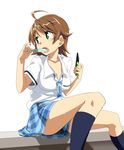  alternate_hairstyle awakened_miki brown_hair food green_eyes hoshii_miki idolmaster idolmaster_(classic) popsicle rough_time_school short_hair takeya_yuuki 