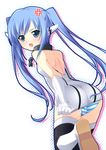  angry ass back blue_eyes blue_hair blush collar fang long_hair looking_back miniskirt nectar_(fujiya) nymph_(sora_no_otoshimono) open_mouth panties robot_ears skirt solo sora_no_otoshimono striped striped_panties thighhighs trefoil twintails underwear 