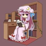  :&lt; bad_id bad_pixiv_id book bookshelf chair crescent cup desk hat hexagram jitome lie-lilac pajamas patchouli_knowledge purple_hair reading solo teacup teapot touhou 