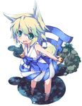  animal_ears bell blonde_hair blue_eyes blush fox_ears fox_tail gradient_hair green_hair japanese_clothes kouhaku_nawa miko multicolored_hair open_mouth original roke short_hair simple_background sleeveless solo standing tail wading water 